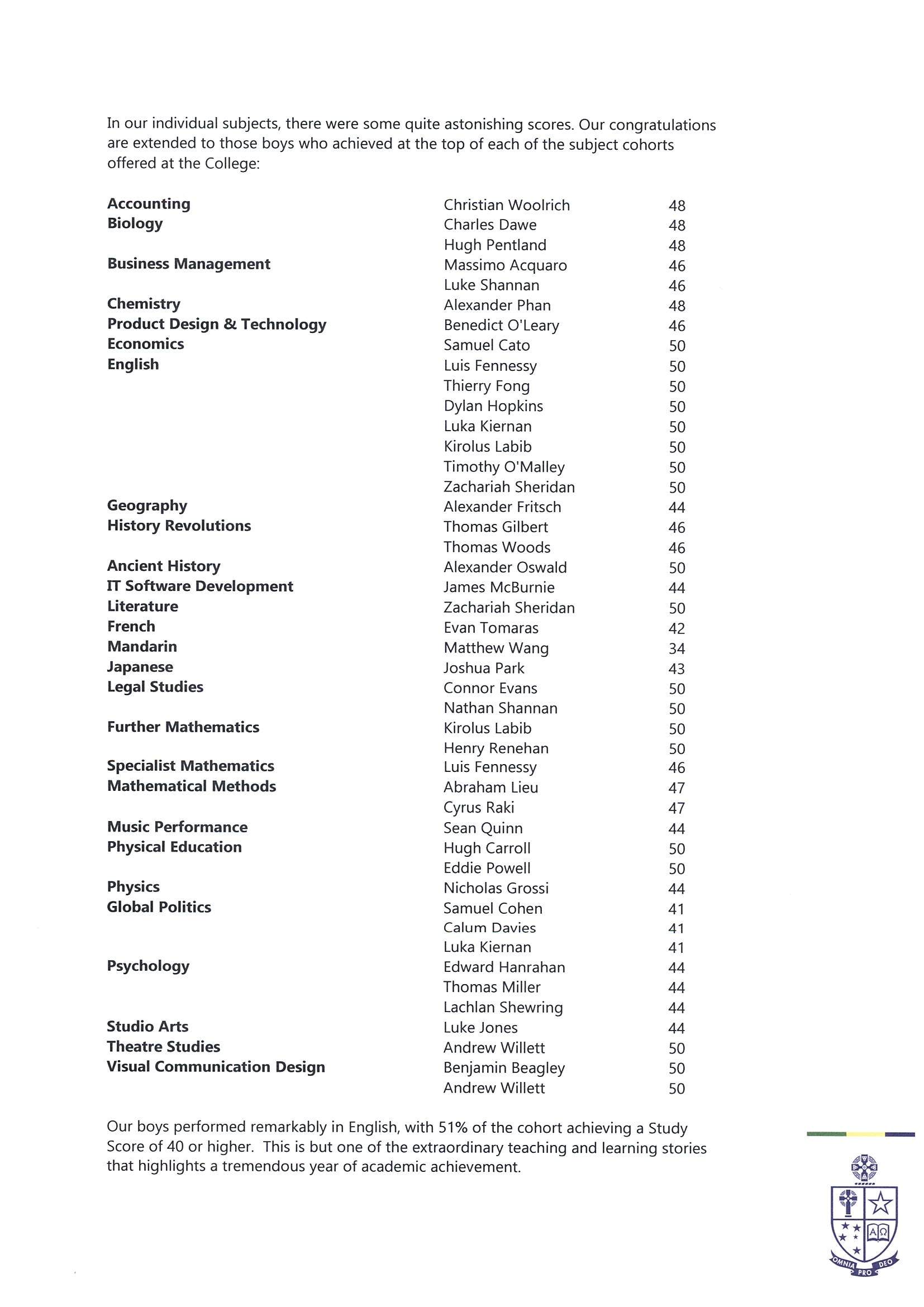 2019 in scholarship ap Results 2018   St College VCE Kevin's